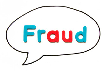 Alphabet letter with word fraud in black line hand drawing as bubble speech on white board background