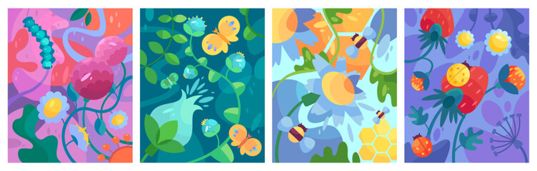 Set of vector illustrations of various flowers, butterflies, bees, caterpillars, ladybugs in a modern style for covers, posters and postcards