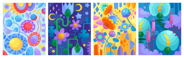 Set of bright vector illustrations for covers, posters, postcards and notebooks
Stylized fantastic flowers in modern style