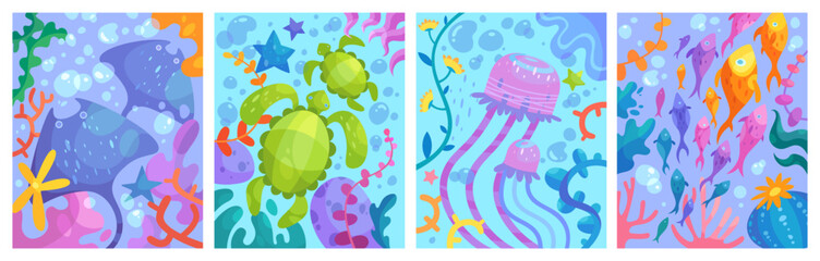 Set of vector cute illustrations underwater world. Drawn electric rays, turtles, jellyfish and fish for covers, children's books, posters and notebooks