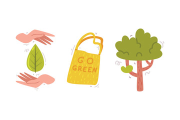 Tree, Shopping Bag and Hand with Green Leaf as Planet and Nature Conservation Attribute Vector Set