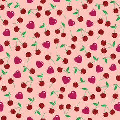 Cherry seamless pattern with hearts.  Fruit background, Wrapping paper, textile, cover, infinity card. Vector illustration. 
