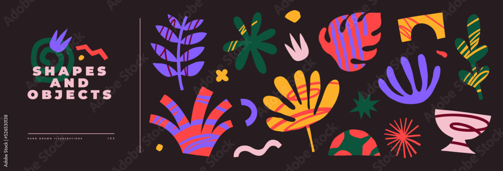 Aufkleber Collection of abstract graphic forms on a dark background. Minimalist elements in the style of modern art. Universal vector illustration for your design in a flat style. Shapes and objects.