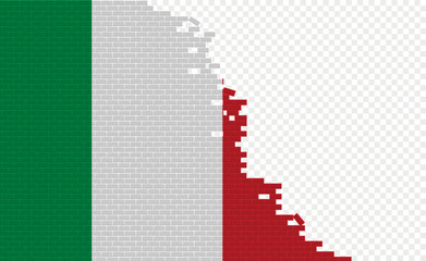 Italy flag on broken brick wall. Empty flag field of another country. Country comparison. Easy editing and vector in groups.