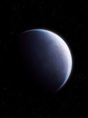 Blue Earth-like planet, super-earth in deep space. The exoplanet has a solid surface. Astronomical landscape.