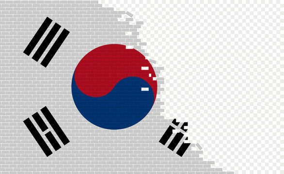 South Korea flag on broken brick wall. Empty flag field of another country. Country comparison. Easy editing and vector in groups.