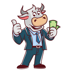 bull mascot giving thumbs up with money in vector 