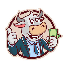 bull mascot giving thumbs up with money in vector 