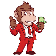 monkey mascot giving thumbs up with money in vector 