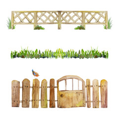 Obraz premium Watercolor hand drawn countryside wooden fence, meadow grass, gate and a bird, isolated on white background. Design template for cards, gift bags, invitations, textile, print, wallpaper, for children