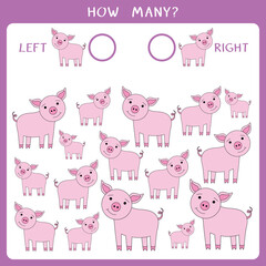 Simple educational game for kids. Count how many pigs goes to the left and to the right and write the result. Vector worksheet