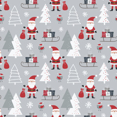 Christmas seamless pattern with Santa Claus, sleigh with gift boxes, birds and christmas tree.Flat style.