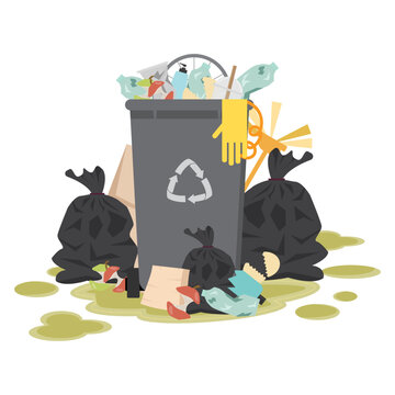 Garbage containers and bin bags full of trash.Vector illustration.