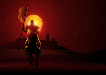 Knight bearing a flag at night during full moon - obrazy, fototapety, plakaty