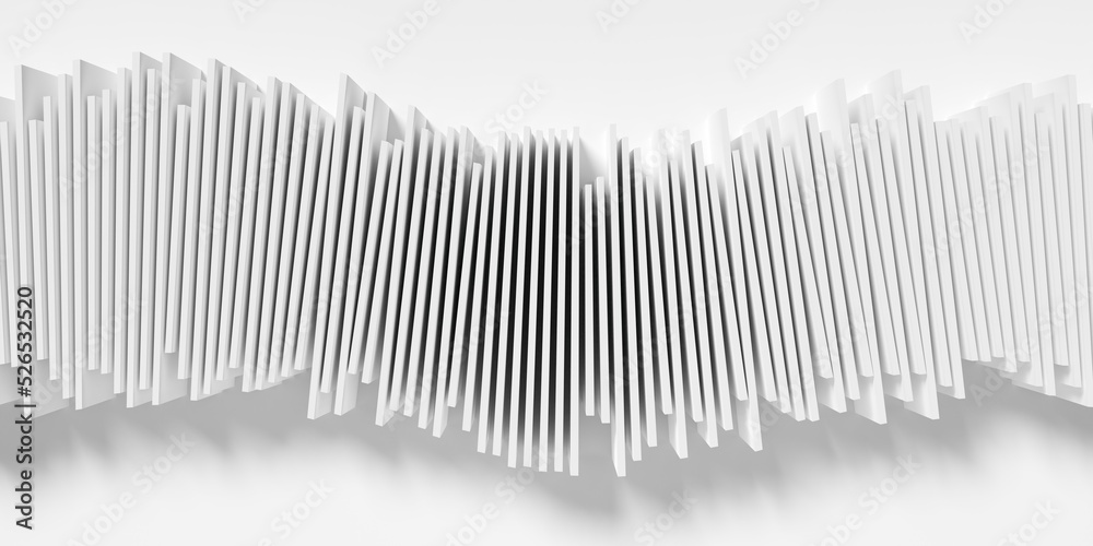 Poster wave shaped group of rotated white cubes or boxes array on white background with shadow, abstract mo