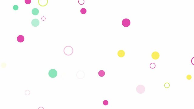 Random moving pink yellow green colors confetti on white background. Candy colors abstract motion graphics. Round shape elements loopable animation. Party decoration. Banner with circles and disks