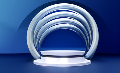 Shiny silver podium with metallic circle corridor on blue background. Stand to show products. Stage showcase with modern scene for presentation. Pedestal display. 3D rendering. 