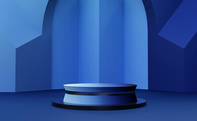 Blue podium with deep blue abstract wall background. Stand to show products. Stage showcase with colorful scene for presentation. Pedestal display. 3D rendering. Studio platform template.