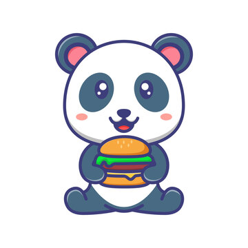 Cute baby panda with burger cartoon illustration. Sitting Panda with burger cartoon flat design isolated. For sticker, banner, poster, packaging, children book cover.