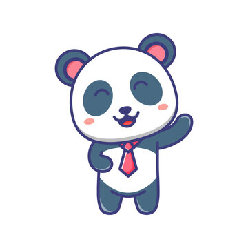 Cute baby panda wearing a tie and waving hand cartoon illustration. Panda cartoon flat design isolated. For sticker, banner, poster, packaging, children book cover.