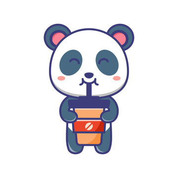 Cute baby panda drink a cup of coffee cartoon illustration. Panda cartoon flat design isolated. For sticker, banner, poster, packaging, children book cover.