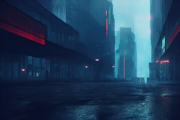 Empty cyberpunk city. Digital painting of futuristic building. CItyscape at night. Metropolis, neon lighting. Dystopic sad environement. Digital painting, art wallpaper. Technology, city skyline