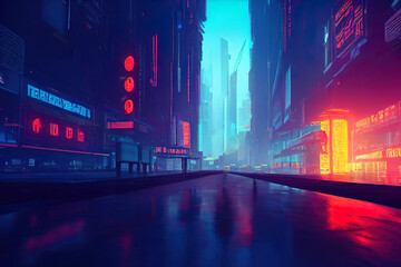 Empty cyberpunk city. Digital painting of futuristic building. CItyscape at night. Metropolis, neon lighting. Dystopic sad environement. Digital painting, art wallpaper. Technology, city skyline