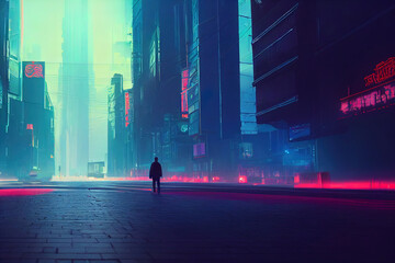 Man walking in a cyberpunk city. Digital painting of a lonely futurstic environment. Huge building, neon lighting. Illustration of modern blue cityscape. Dystopic urban wallpaper. Landscape background
