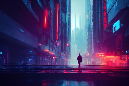 Man walking in a cyberpunk city. Digital painting of a lonely futurstic environment. Huge building, neon lighting. Illustration of modern blue cityscape. Dystopic urban wallpaper. Landscape background