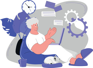 Obraz premium Woman pensioner works online. Vector illustration of work from a cozy home environment. Remote work is safe. Pet near feet.