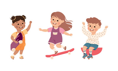Little Boy and Girl on Roller Skates and Skateboard in Skate Park Having Fun and Enjoying Recreational Activity Vector Set