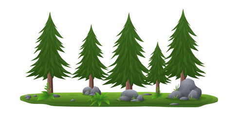 Coniferous or pine Tree collection with grass and stone, individual element design