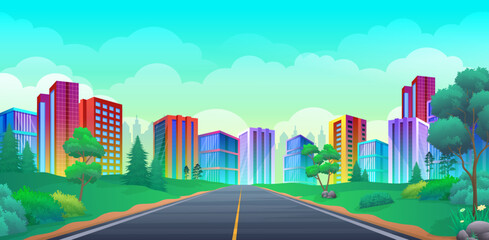 Empty Highway to city with colorful skyscrapers and beautiful summer landscape, green hill, bush and trees cartoon illustration