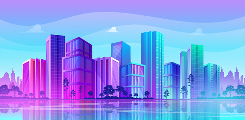 Fototapeta na wymiar Modern city panorama with Reflections in water, bright colorful downtown buildings, office, apartment or school vector illustrations