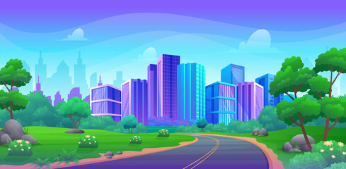 Road to city with colorful skyscrapers and beautiful summer landscape, green hill, bush and trees cartoon illustration