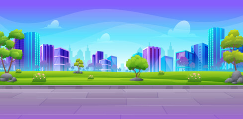 Beautiful city park or urban garden with colorful skyscrapers and beautiful summer landscape, green hill, bush and trees cartoon illustration