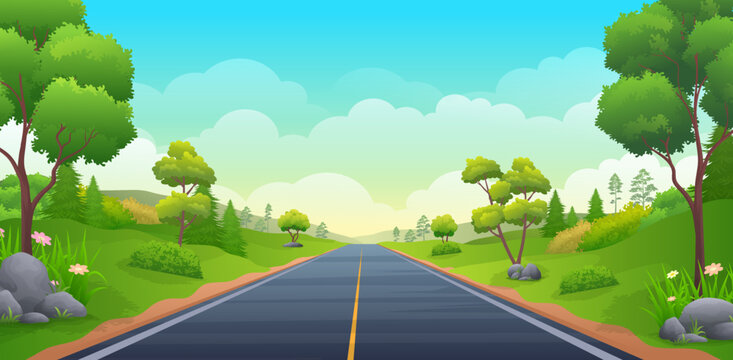 Highway at summer panoramic landscape with mountain, green hill, bush and trees vector illustration