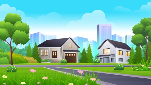 Beautiful residential houses with Street, green lawn, bush and trees vector illustration