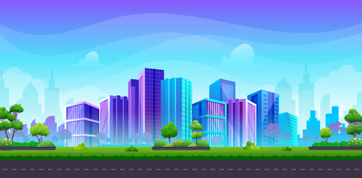 Town city Highway street with colorful skyscrapers and beautiful summer city park, green hill, bush and trees cartoon illustration