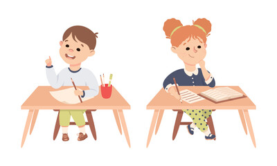 Little Boy and Girl Pupil Sitting at Table with Copybook Engaged in Elementary Education Vector Set