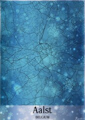 Christmas background, Chirstmas map of Aalst Belgium, greeting card on blue background.