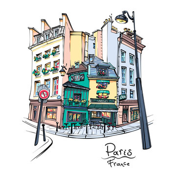 Vector hand drawing color sketch. Typical parisain house with cafe and lanterns, Paris, France.