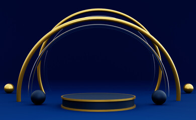 Deep blue podium with abstract golden walls. Stand to show products. Stage showcase with modern dark scene for presentation. Pedestal display. 3D rendering. Studio platform template.
