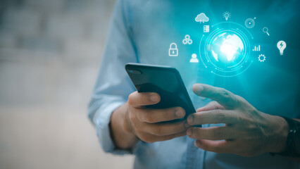 Internet networking, remotely work, data exchange concept. Young using smart mobile phone with internet network connection