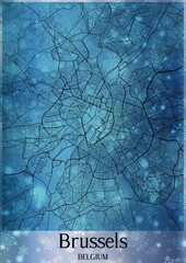 Christmas background, Chirstmas map of Brussels Belgium, greeting card on blue background.
