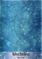 Christmas background, Chirstmas map of Mechelen Belgium, greeting card on blue background.