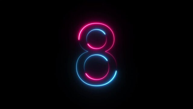 Bright neon glowing number 8, light pink blue color symbol, seamless loop animation on black background