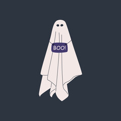 Halloween cloth ghosts in pose. Halloween scary ghostly monsters, spirits. Floating phantoms with nameplate Boo!. Trick or Treat. Creepy boo, spooky. Holiday Silhouettes.