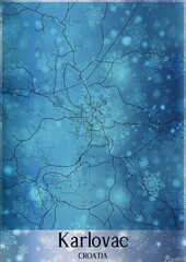 Christmas background, Chirstmas map of Karlovac Croatia, greeting card on blue background.