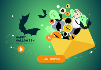 Halloween newsletter banner. Mailing vector template. Paper envelope filled with spooky ghosts, eyes and bats. Template for website, mailing or print.
